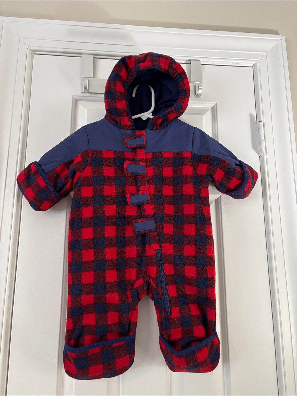 Red & Navy Plaid Hooded Baby One-Piece - Cozy Winter Bodysuit